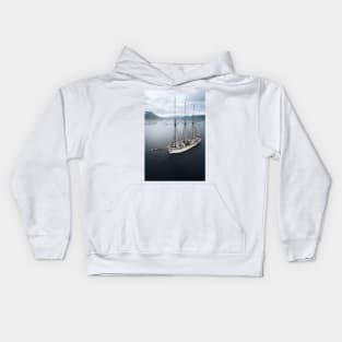 Sailing Ship in front of a Mountain Valley in Norway Kids Hoodie